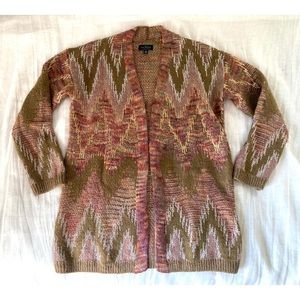 Lucky Brand Wool Blend Metallic Stitch Long Cardigan Chevron Stripes Open Front